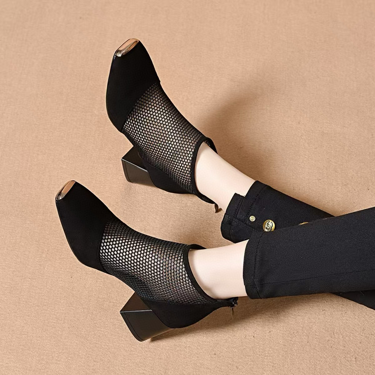 Giày sandal nữ da thật mũi vuông phối lưới kiểu La Mã, gót dày, thoáng khí, boot ngắn phối lưới — màu đen chi tiết 3