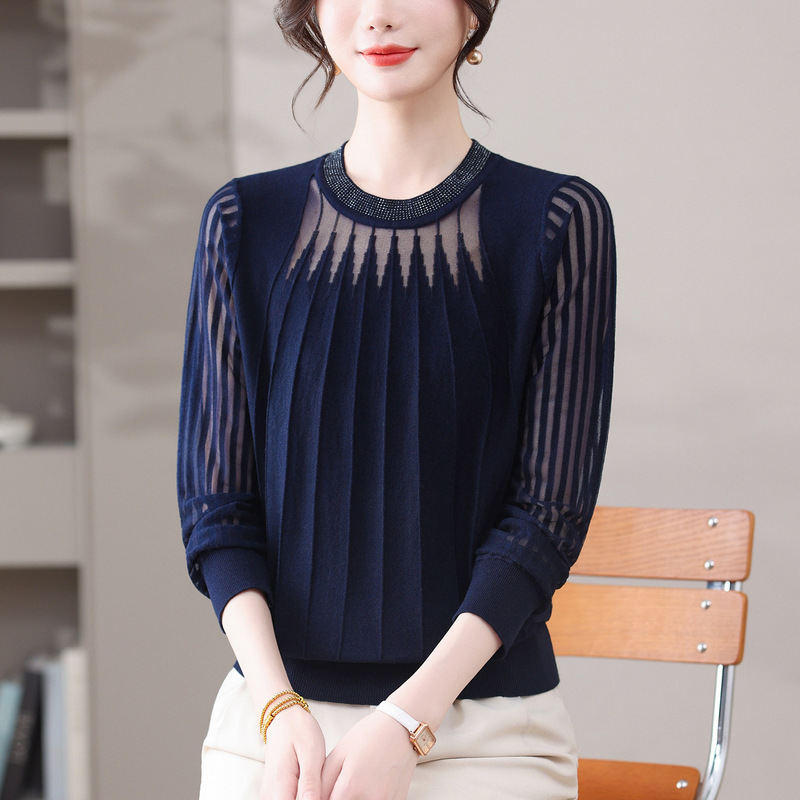 Mom's Stylish Spring and Autumn Knitwear for Women, 2026 New Fashion Turn-Down Collar Rhinestone Sweater, Age-Reducing Base Shirt Top