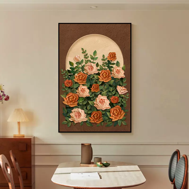 客厅玫瑰花挂画奶油风喷绘油画感餐厅抽象艺术高级感背景墙装饰画