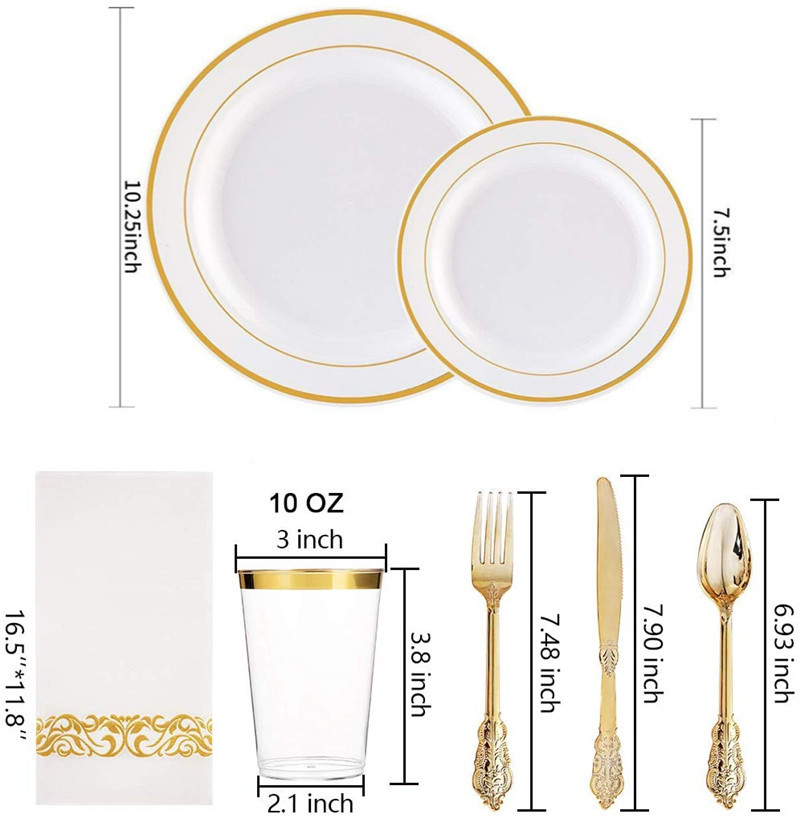 프놈펜 플레이트 + 10 온스 컵 + 12 호 나이프, 포크 앤 스푼 + 황금 종이 타월 25 개 1 세트