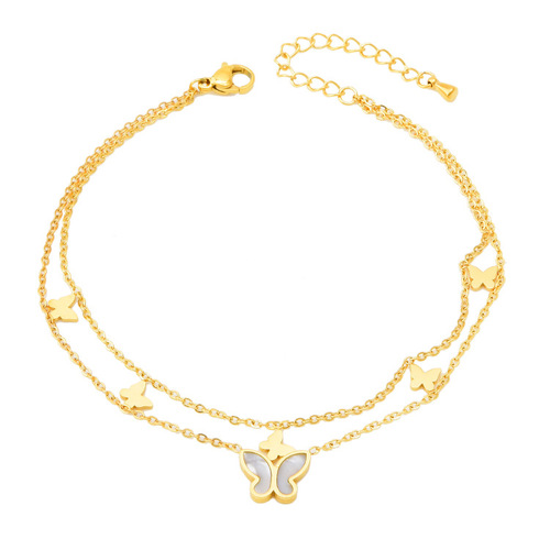  new Korean version double-layer butterfly anklet shell anklet titanium steel furnace color-preserving electroplating 18k gold women's anklet
