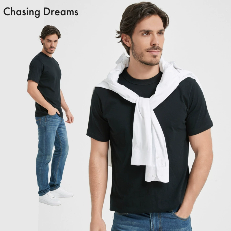 Тяжелая футболка из трех частей, чесаный хлопок, летний чистый хлопок, полностью хлопок, белый однотонный цвет, обычное плечо, маленькая белая футболка, мужской базовый стиль с короткими рукавами.