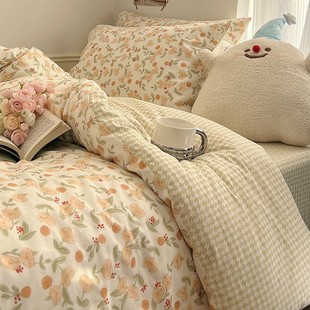 Small Fresh Cotton Bed Four-Piece Set Floral Student Dormitory Bedding Quilt Cover Bed Sheets Three-Piece Set Fitted Bed Sheets