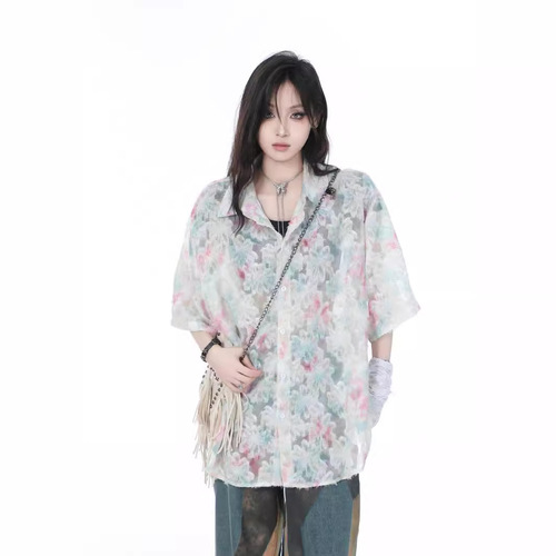 Summer Thin Chinese Style Fringe Floral Butterfly Short-Sleeve Shirt for Men, Unique Design Sun Protection Top Loose Collared Shirt