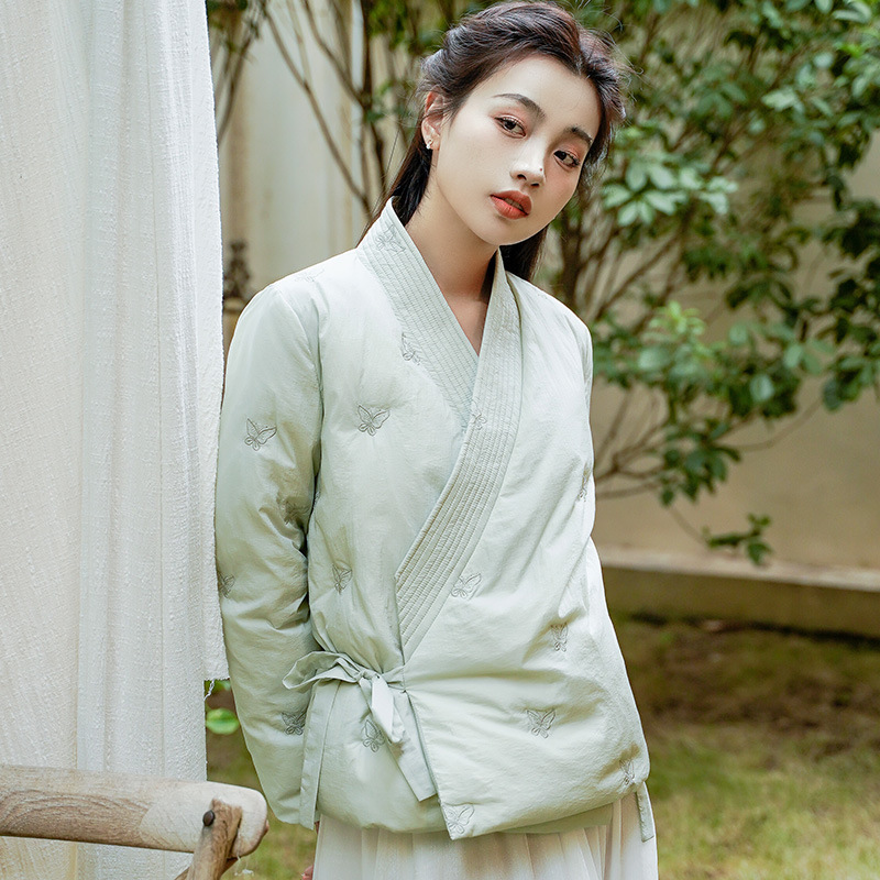 [Aura]Retro Chinese Style Improved Hanfu Style Cross-VNeck Lace-Up Embroidered90 White Duck Down Jacket