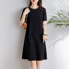 圆领金属真丝连衣裙女25新款夏季黑色气质桑蚕丝a字裙亲肤中长裙