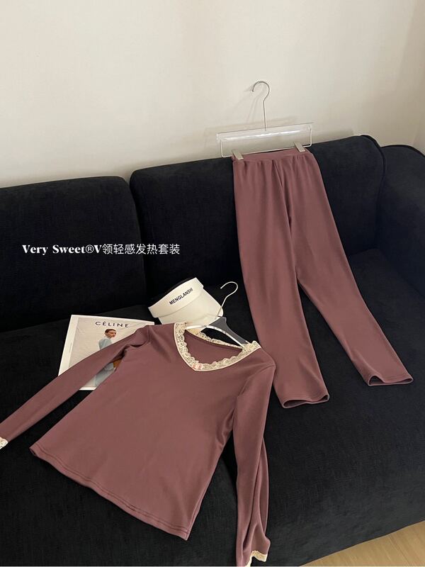 秋冬新款绒保暖内衣女V领轻感发热套装蕾丝边修身薄款秋衣秋裤|undefined