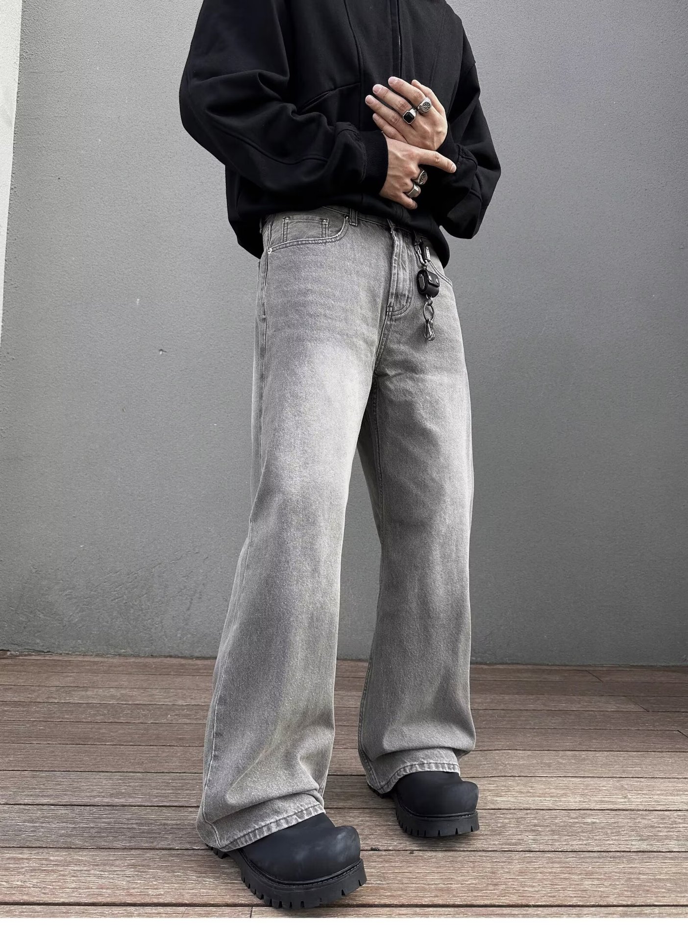 Men's Charcoal Gray Flared Jeans American Style Washed Vibe Straight Leg Loose Fit Casual Pants Mid Waist Slight Stretch_mkmklike.com