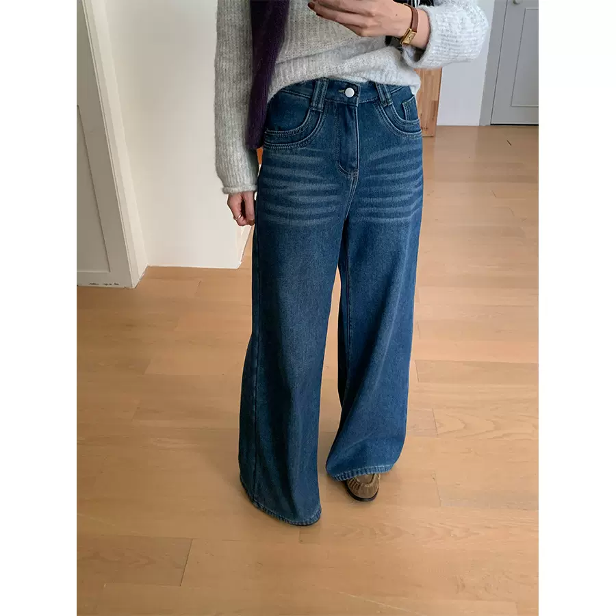 黄峥韩系加绒阔腿牛仔裤女25冬季新款宽松百搭显瘦直筒长裤541180