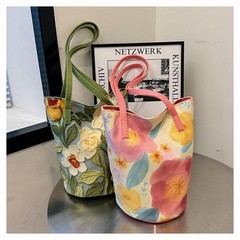 工場油絵花卉百合大容量高級ショルダーバッグ女性立体バケツバッグ夏旅行バッグ