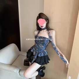 复古气质油画蝴蝶印花显荷叶边立体花围脖上衣百搭女夏图片色