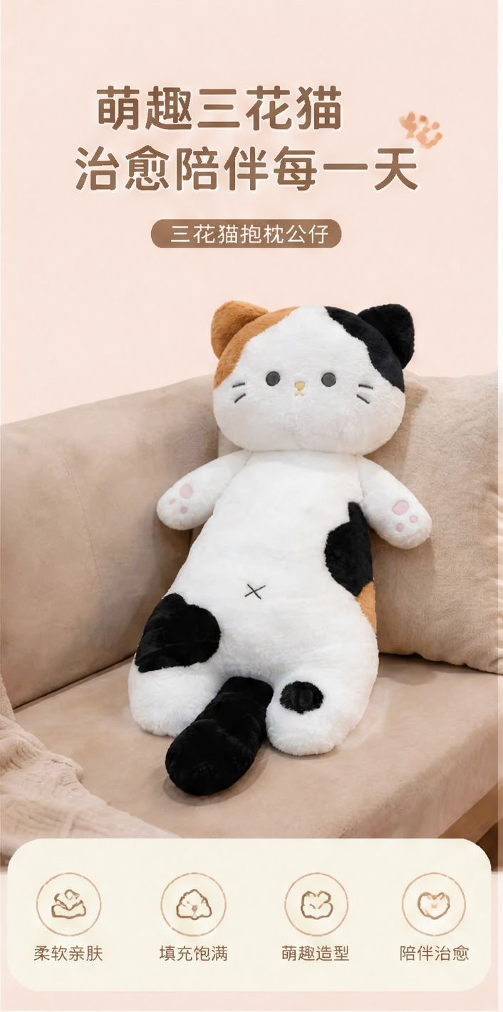 Popular three-colored cat plush toy, long pillow, black cat doll, leg-hugging sleeping companion gift, foreign trade cross-border wholesale