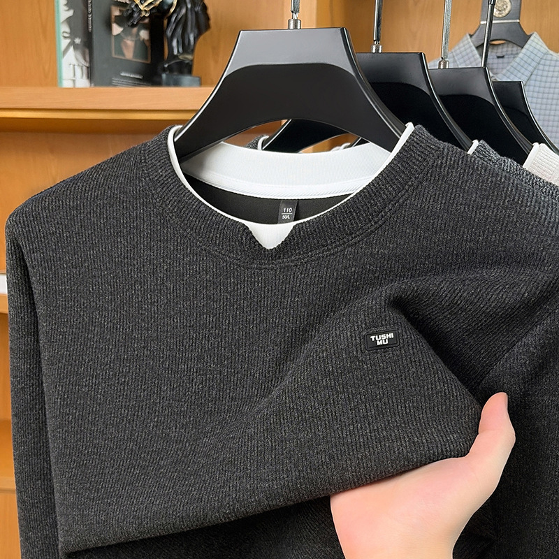 Popular floral knit sweater for men, color-blocked, faux two-piece, long-sleeved, loose-fitting, casual, suitable for middle-aged dads, suitable for commuting Popular floral knit sweater for men, color-blocked, faux two-piece, long-sleeved, loose-fitting, casual, suitable for middle-aged dads, suitable for commuting