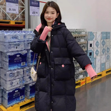 新款女式羽绒服女中长款韩版针织袖口撞色宽松加厚连帽白鸭绒外套