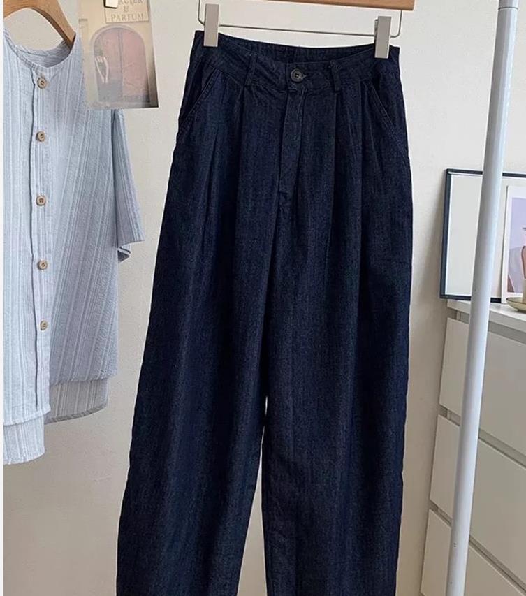 Quần ống rộng vải lanh cotton Yamamoto cạp cao mẫu mới mùa hè 2025 — Màu xanh đậm chi tiết 2