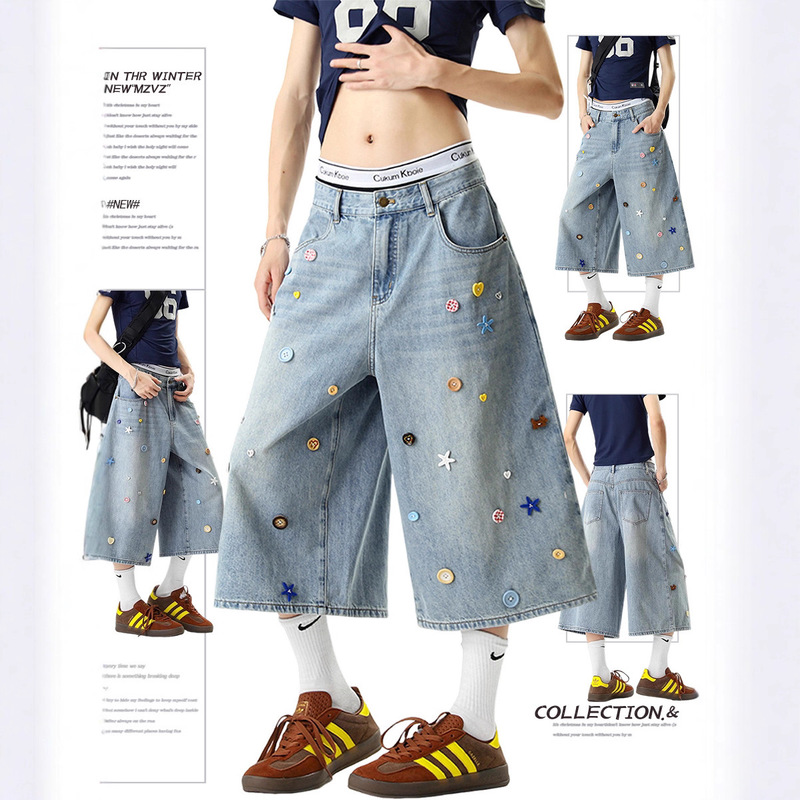 American-Style Plus-Size Retro Colorful Button Denim Cropped Pants for Women, New Summer Loose Straight Wide-Leg Mid-Length Pants American-Style Plus-Size Retro Colorful Button Denim Cropped Pants for Women, New Summer Loose Straight Wide-Leg Mid-Length Pants
