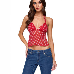 S32336 European and American Cross-Border New Women's Summer V Neck Halter Suspender Sexy Polka Dot Sexy Suspender Top for Women