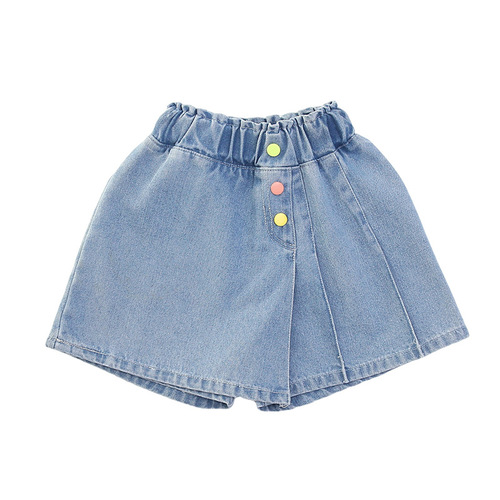 2024 Summer Girls New Style Color Button Denim Skirts for Middle and Large Children Korean Style High Waisted Slim Shorts Wholesale