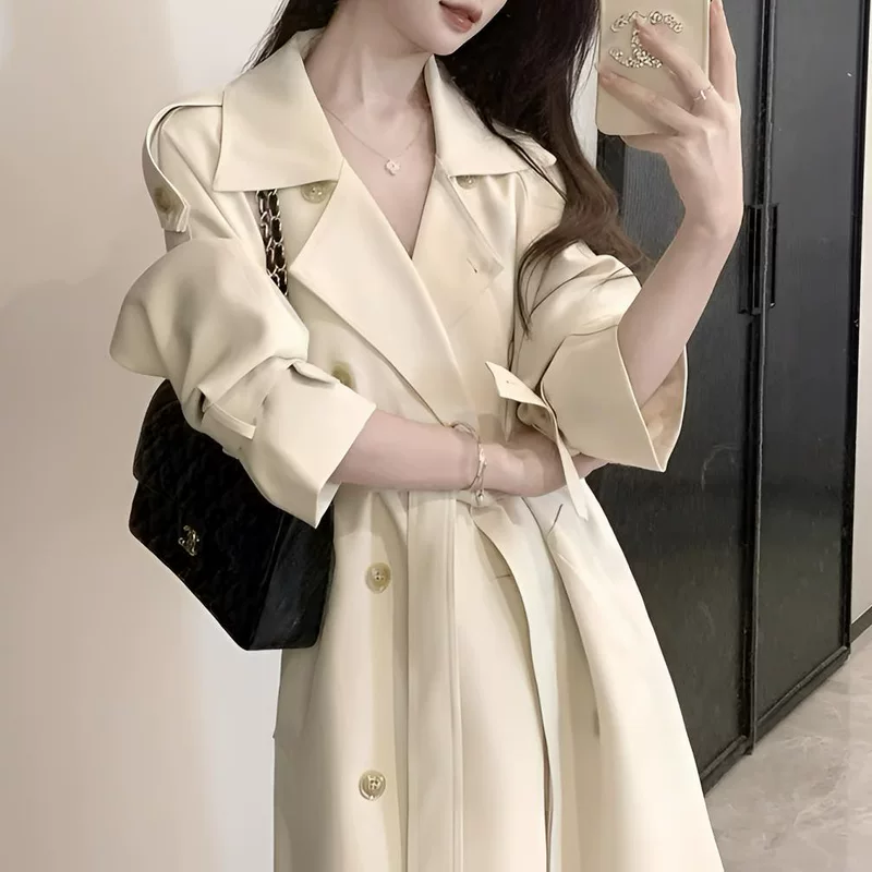 Белое trenchcoat пальто осени куртка длинный жилет облегающий для подростков до середины икры