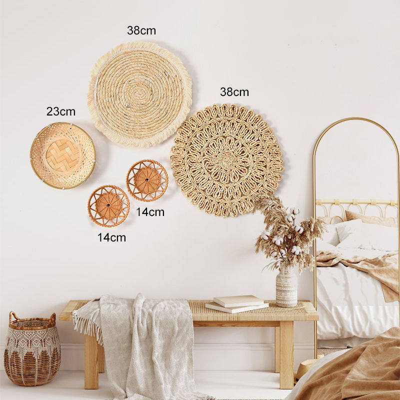 Decoración Colgante de Pared Redonda de Ratán y Madera para Sala de Estar