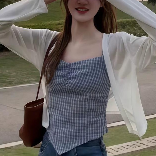 2025夏季辣妹风设计感格子不规则显瘦吊带背心防晒衫时尚套装|undefined