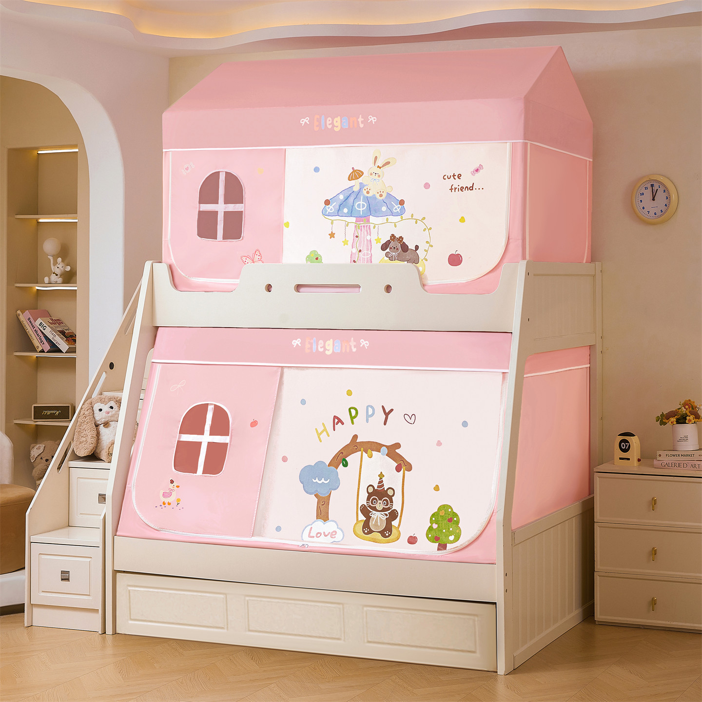 Cama de tipo A con ventanas de dibujos animados para niños y niñas, cama de mosquiteros reforzada para evitar la caída de la cama cortina de cama para niños y niñas