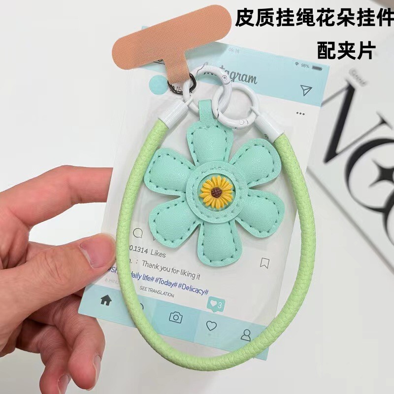 Leather Flower Pendant Mobile Phone Lanyard Short Wrist Anti-Lost Bag Keychain with Gasket Strong Cross-Border Women's