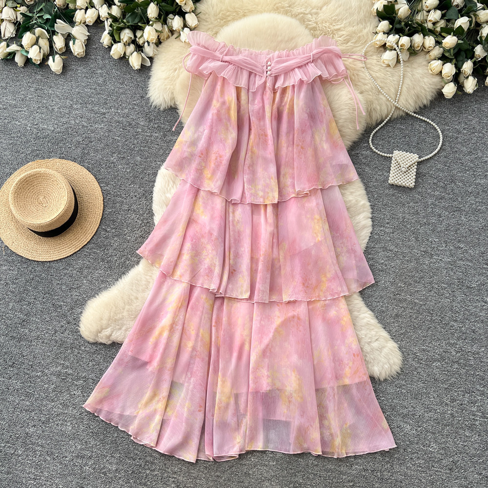 Pink Ruffled Cake Dress French Style Resort Sleeveless Off-Shoulder A-Line Women's Unique And Absolutely Stunning Dress_ecoleips.com