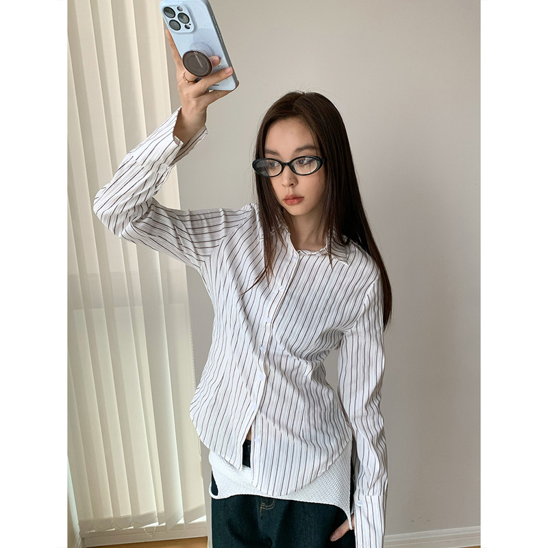 Dorothy LOOPIN Spring New Classic Striped Waist Slimming Lapel Single-breasted All-match Long-sleeved Shirt
