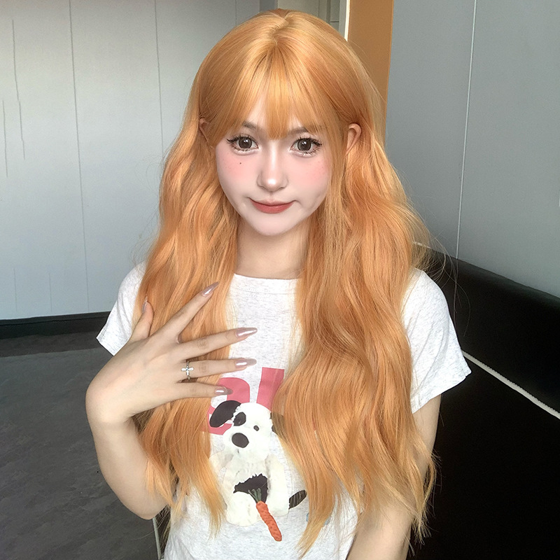 Zicen wig women's long hair natural sunset orange new summer water ripple daily long curly hair full head cover