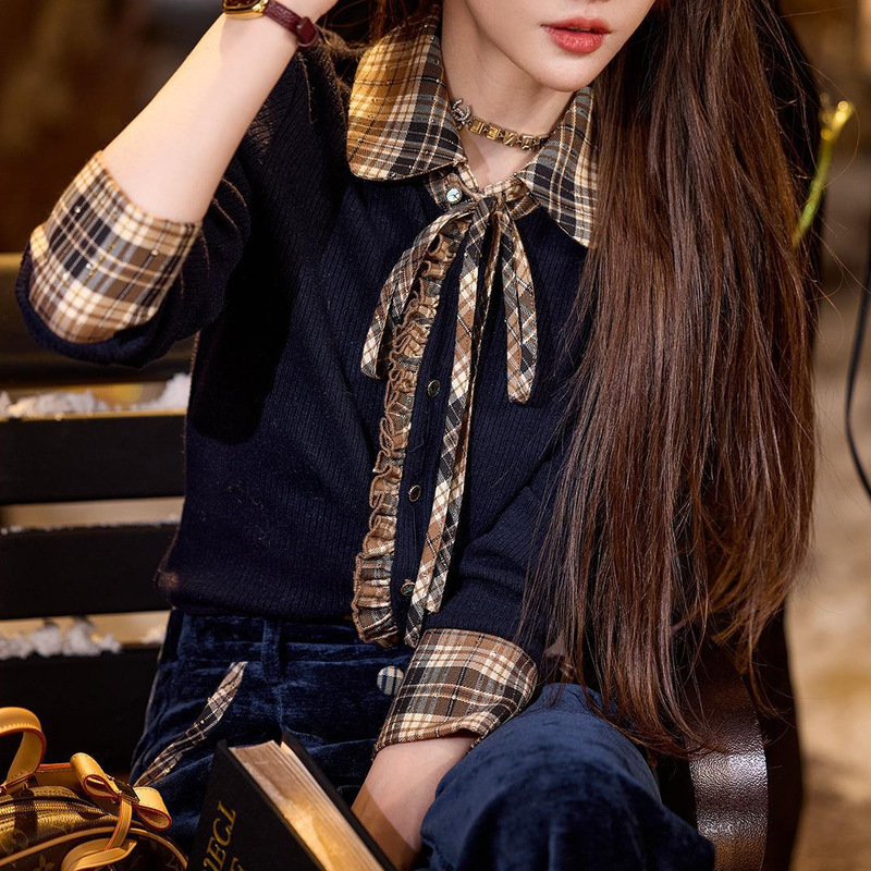 2025 Autumn/Winter [Intricate Plaid] Ribbed Patchwork Plaid Contrast Color Tie-Up Faux Two-Piece Knitted Shirt