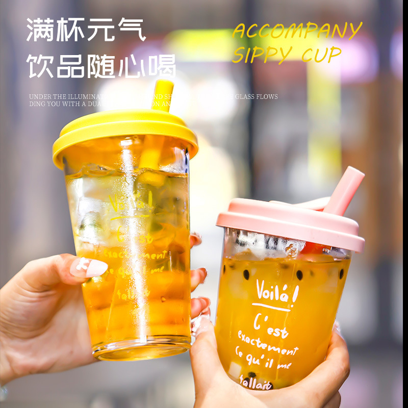 カスタムロゴ入りストロー付きガラスカップ、ネットで話題の学生用水筒、持ち運びに便利なジュース・コーヒーカップ、フリップトップカップ、楽優カップ|undefined