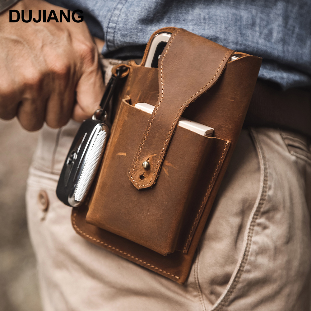 Retro Genuine Leather Waist Bag, Outdoor Sports and Leisure Mobile Phone Bag, Crazy Horse Leather Multi-Functional Waist Bag, Men's Bag, Cross-Border Hot Selling