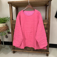 春秋款圆领双层套头小衫轻薄苎麻高开叉宽松文艺女式衬衫上衣