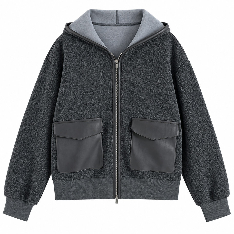 Áo khoác nữ dáng ngắn có mũ kéo khóa phối túi da, chất liệu len cashmere pha, form thường — Khói đá Ash chi tiết 13