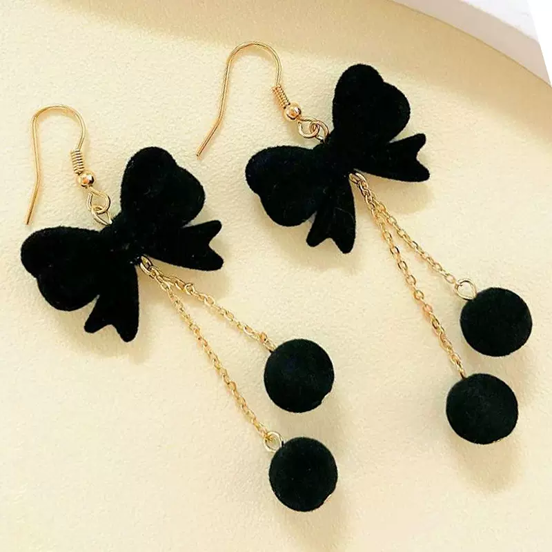 欧美跨境货源酒红色黑色丝绒耳坠流苏简约甜系蝴蝶结流苏耳饰长款