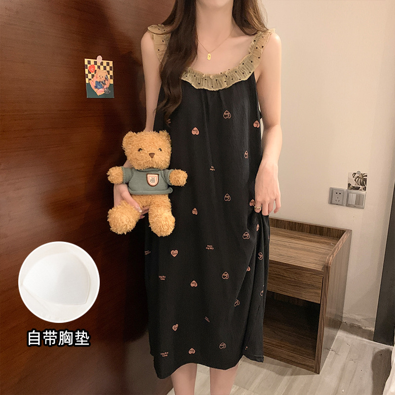 Fabricante pijama de verano encaje pijama de cuello redondo nubes de algodón cómodas y transpirables dulces con cojín de pecho vestido de cabina se puede usar fuera