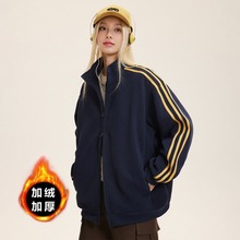 跨境条纹立领夹克外套男士春秋季潮牌撞色三条杠运动卫衣开衫情侣