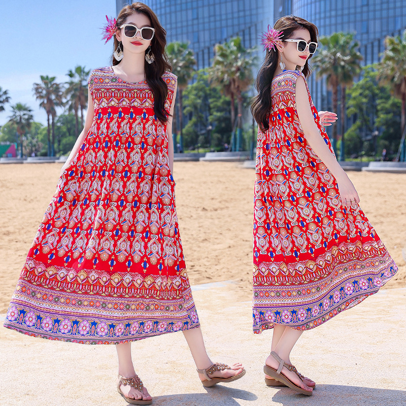 2025 New Cross-Border Plus Size Bohemian Beach Long Cotton Floral Women's Summer Dress_ecoleips.com