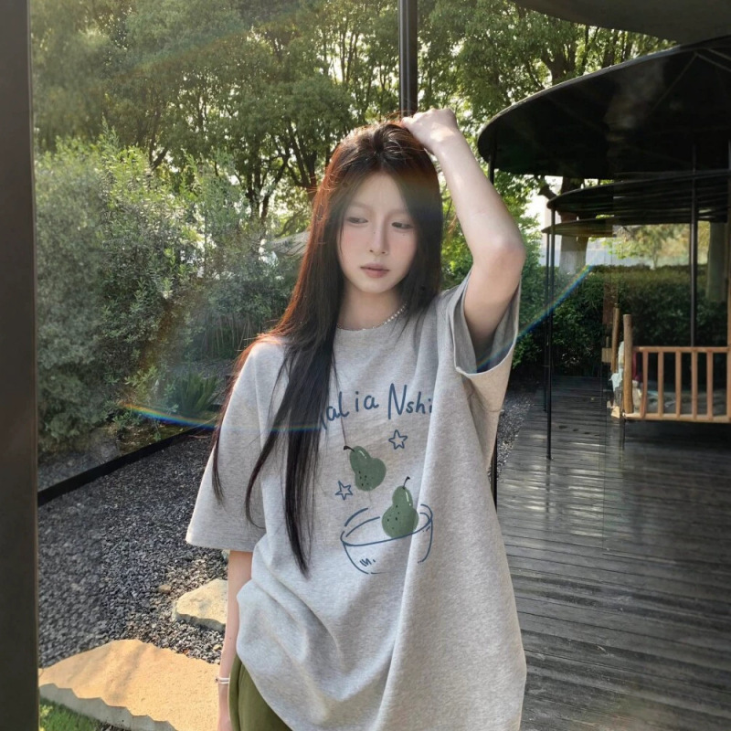 Pure Cotton Summer American-Style Straight-Shoulder Short-Sleeve T-Shirt for Women 2026 New Design Niche Trendy Brand Gray Half-Sleeve Top