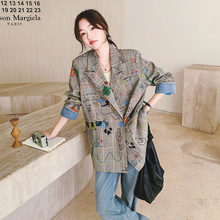 涂鸦格子印花西装女2025春季新款感宽松减龄复古返潮穿搭外套