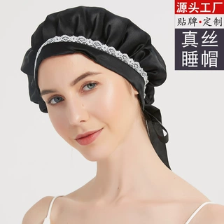厂家直供桑蚕丝素绉缎产妇月子打褶帽花边系带可调节长发真丝睡帽