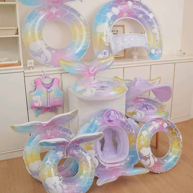 亚马逊婴儿带蓬坐圈靠背透明美人鱼泳圈儿童座圈裤兜圈成人游泳圈