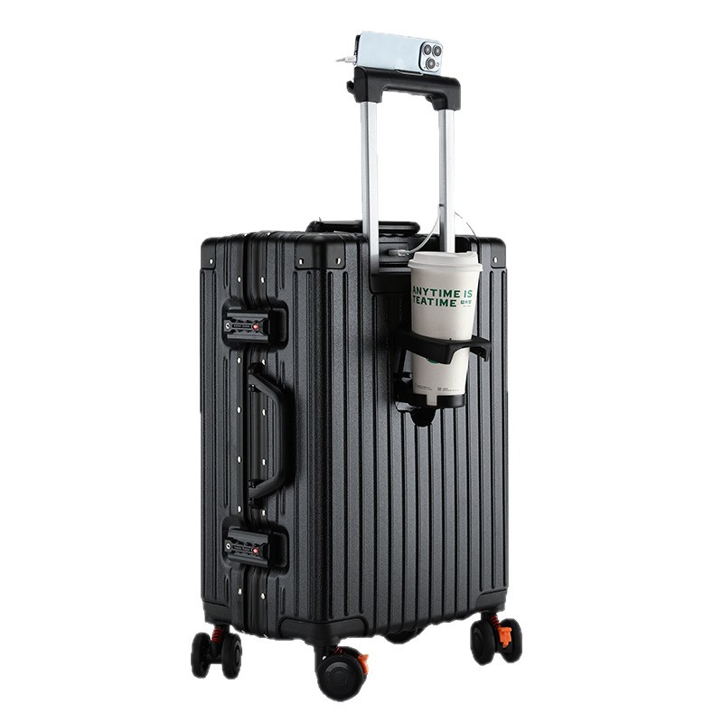 Maleta multifuncional porta taza de agua puerto de carga caja de barra de tracción marco de aluminio maleta silenciosa rueda universal maleta