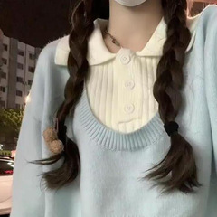 学院风短款韩系毛衣秋冬高腰两件套针织衫polo领上衣新款女装套装