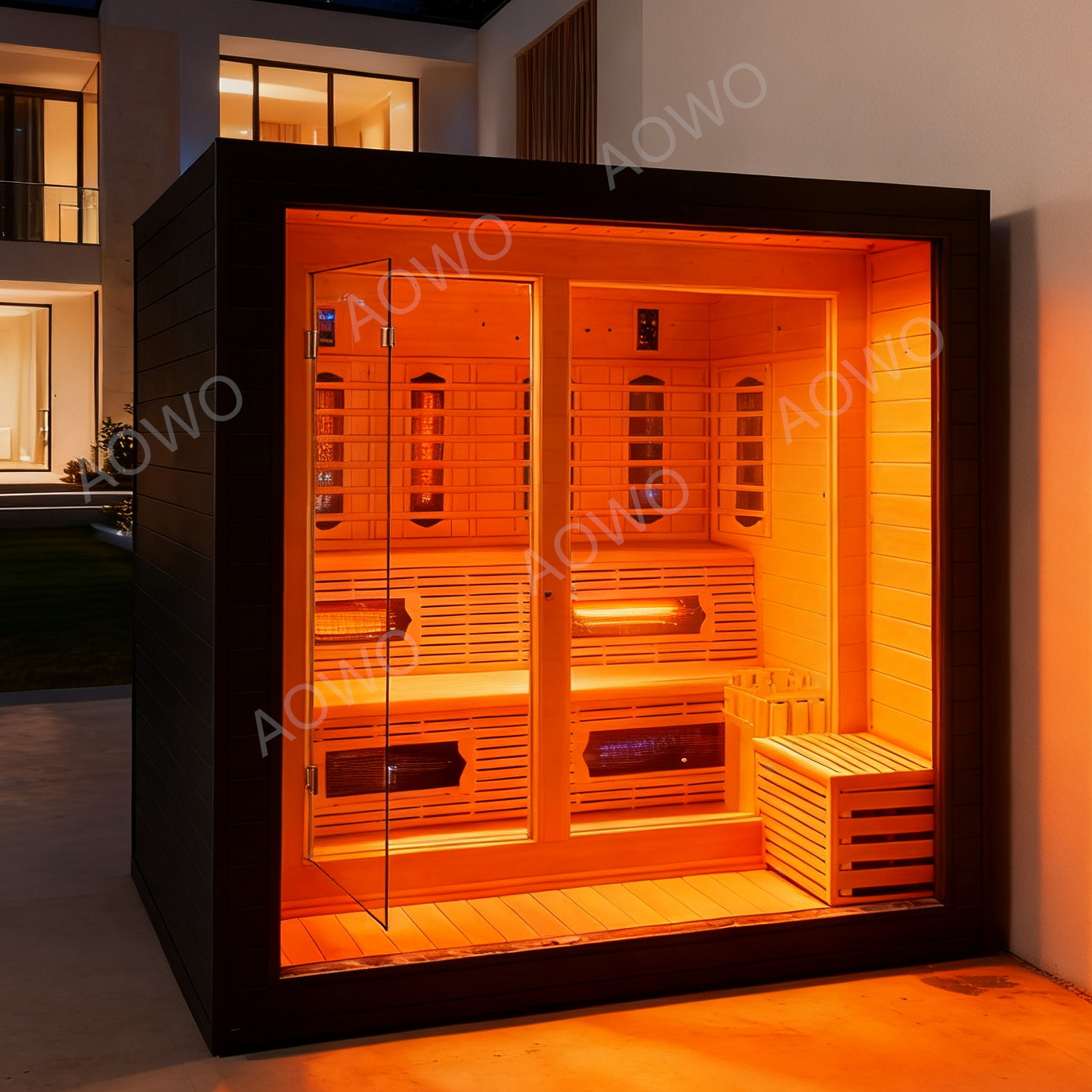 Wood-plástico al aire libre borde de la falda de techo de techo canadiense sala de ondas de luz sauna piedra agua húmeda vapor infrarrojo lejano vapor seco sala de salud