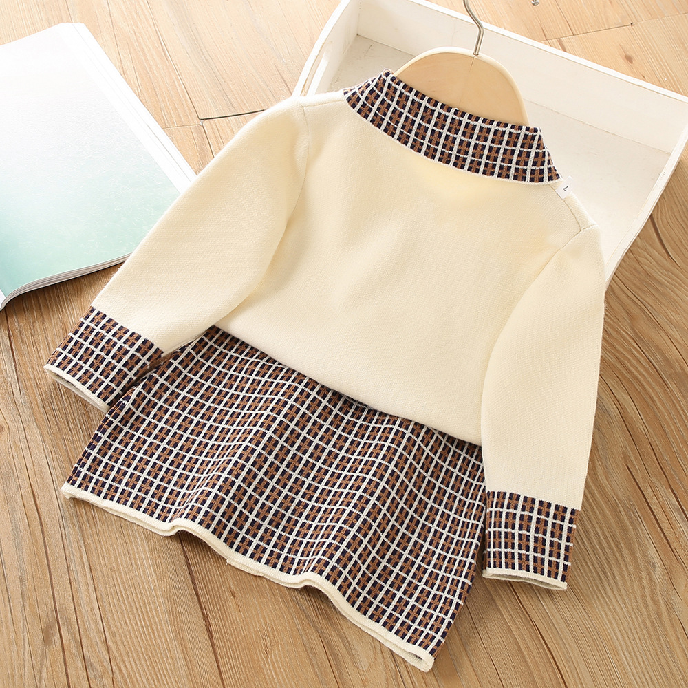 Pull deux pièces pour fille, ensemble Cardigan tricoté à carreaux, petit parfum, nouvelle édition coréenne, automne/hiver 2022_voghion.com