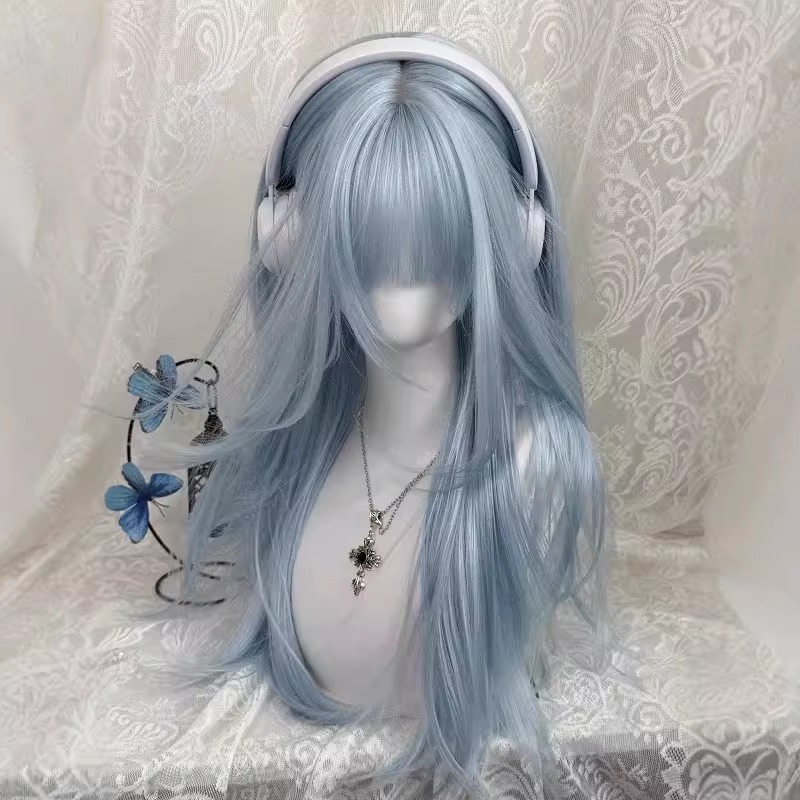 Perruque longue et lisse « Ice Sea Wave Blue » pour femme – Perruque complète tendance à couches superposées pour déguisement