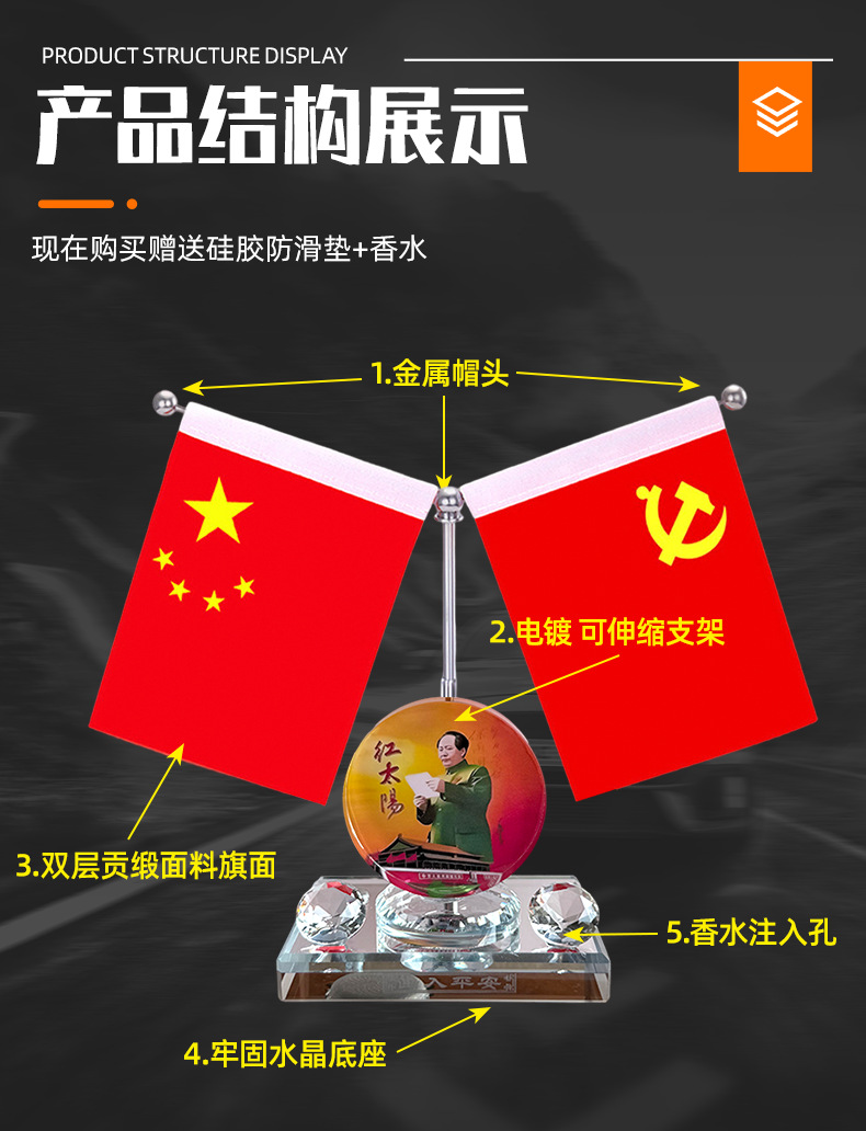 Chairman Mao's Red Flag Ornament for Desktop Office, Commemorative Perfume Display, Car Dashboard Decoration, Great Leader Portrait Ornament
