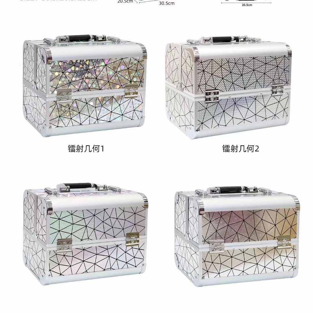 佛山工厂740镭射几何韩版手提化妆箱双开多层铝合金纹绣美甲箱